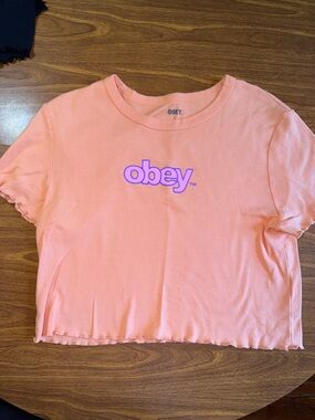 Obey Coral Cropped Logo Tee with Purple Print
